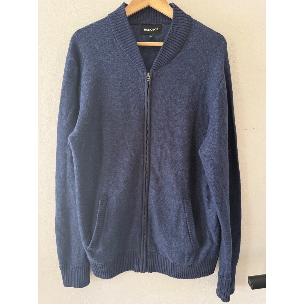 Bonobos Mens Blue Cotton Cashmere Full Zip Cardigan Bomber Sweater Slim Large